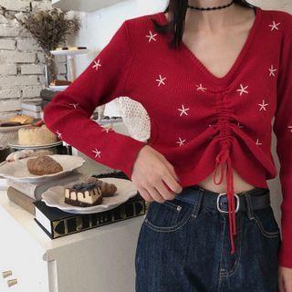 Long-sleeve Star Embroidered Drawcord Knit Top