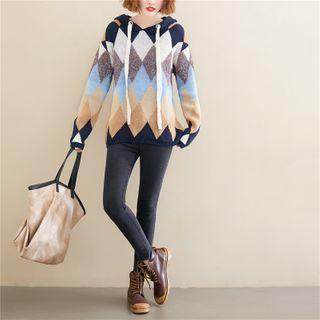 Color-block Argyle Knit Hoodie