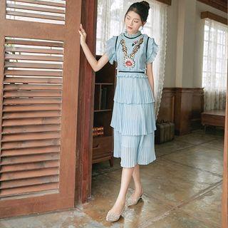 Short-sleeve Sequined Frilled Midi Layered Dress