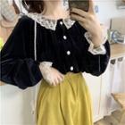 Lace Velvet Long-sleeve Loose-fit Blouse Black - One Size