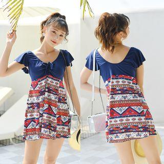 Short-sleeve Drawstring Print Panel Swimdress