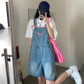 Washed Wide Leg Denim Dungaree Shorts