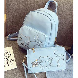 Set: Cat Applique Backpack + Zip Pouch
