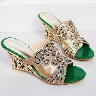 Rhinestone Wedge Heel Slide Sandals