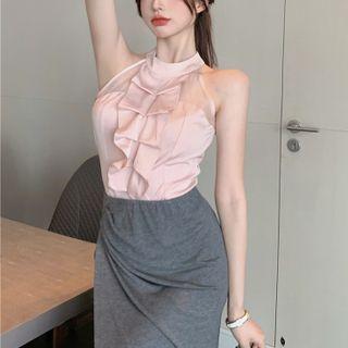 Sleeveless Ruffle Halter Top / Plain Irregular Skirt