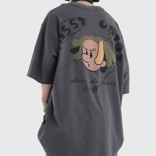 Elbow-sleeve Face Cartoon T-shirt