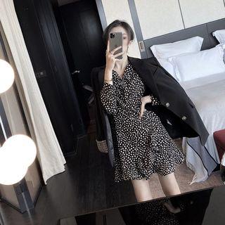 Single-breasted Blazer / Printed Long-sleeve Mini A-line Dress
