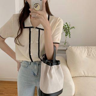 Short-sleeve Collared Double Breasted Knit Top