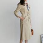 Long-sleeve Round-neck Pocket-detail Sheath Midi Dress With Sash