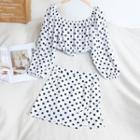 Set: Puff-sleeve Dotted Blouse + A-line Skirt