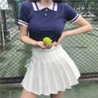 Color Panel Short Sleeve Knit Polo Shirt / Pleated Skirt