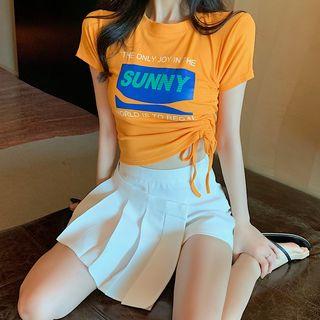 Short-sleeve Lettering Drawstring T-shirt / Pleated Skort