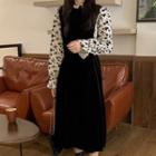 Long-sleeve Floral Mock Two Piece Midi A-line Dress Black - One Size