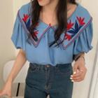 Flower Embroidered Collared Puff-sleeve Blouse
