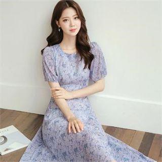 Tall Size Puff-sleeve Floral Print Chiffon Dress