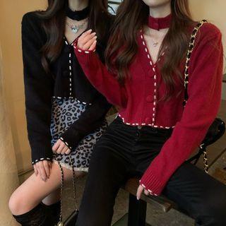 Choker-neck Cropped Knit Cardigan