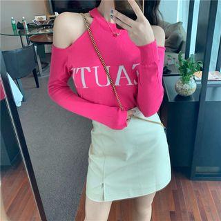 Lettering Cold-shoulder Knit Top / A-line Skirt