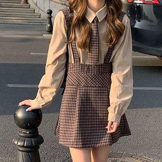 Plain Shirt / Plaid Mini Overall Dress
