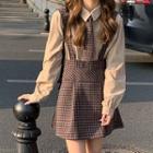 Plain Shirt / Plaid Mini Overall Dress