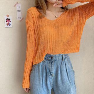 Long-sleeve V-neck Plain Knit Loose-fit Top