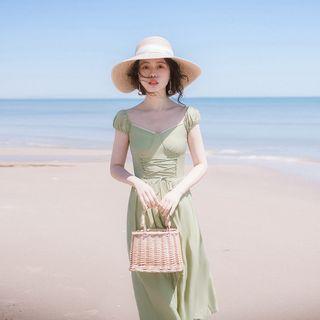 Short-sleeve Lace Up A-line Midi Dress