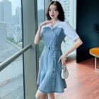 Elbow-sleeve Collar Denim Panel Mini A-line Dress