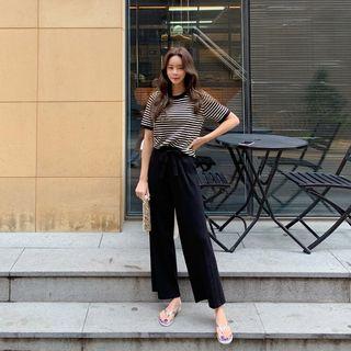 Set: Striped Knit Top + Ribbed Wide-leg Pants Black - One Size