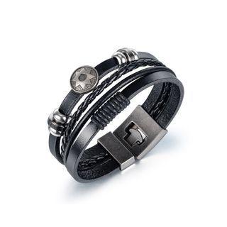 Simple Personality Geometric Round Sunflower Multilayer Leather Bangle Silver - One Size