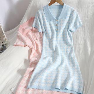 Short-sleeve Polo-neck Houndstooth Knit Mini Dress