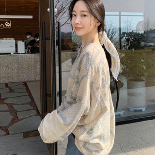 Round-neck Pattern Loose-fit Blouse Beige - One Size