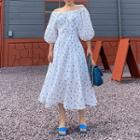 Lantern Sleeve Off-shoulder Floral Print Midi A-line Dress