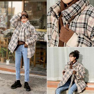 Plaid Puffer Jacket With Scarf One Size
