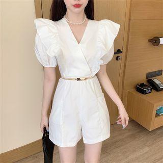 Ruffled V-neck Puff-sleeve Playsuit