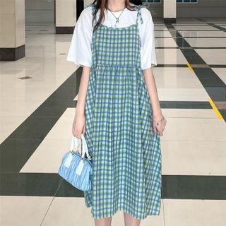 Color-block Plaid Drawstring A-line Dress