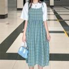 Color-block Plaid Drawstring A-line Dress
