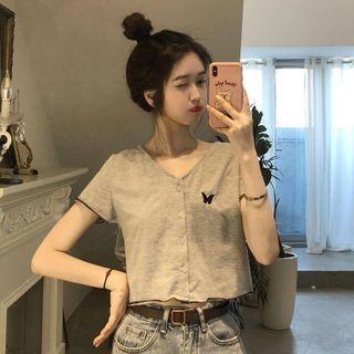 Short-sleeve Single Breasted Butterfly Embroidered Cropped Top