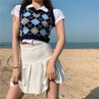 Short-sleeve Polo Knit Top / Argyle Print Knit Sweater Vest / A-line Skirt