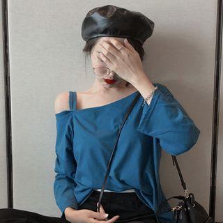 Off Shoulder Long-sleeve T-shirt Blue - One Size