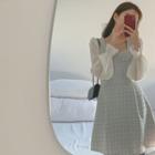 Chiffon-sleeve Flared Tweed Dress Blue - One Size