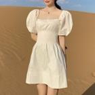 Frill Puff-sleeve Slim-fit Mini Dress White - One Size