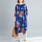 Floral 3/4-sleeve Midi A-line Dress As Shown In Figure - One Size