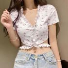 Floral Print V-neck Ruffle Trim Short Sleeve Cut-out Crop Top