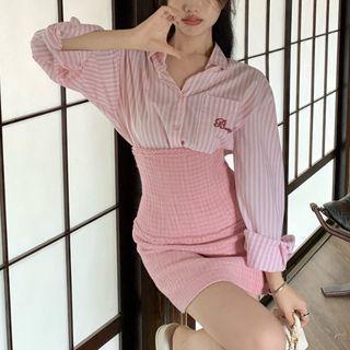 Striped Shirt / High-waist Mini Pencil Skirt