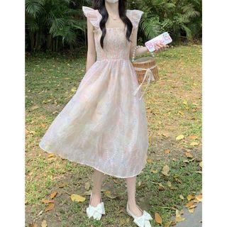 Cap-sleeve Floral A-line Dress Pink & White - One Size