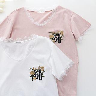 Lace Trim Embroidered Short-sleeve T-shirt