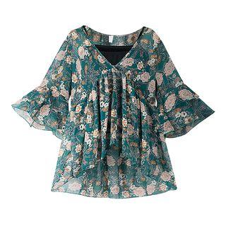 Floral Print Elbow Sleeve Chiffon Blouse With Camisole Top