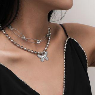 Set Of 2: Butterfly Pendant Necklace 0974 - Silver - One Size