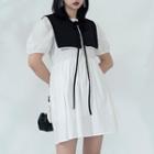 Puff-sleeve Wide-collar Mini A-line Dress White - One Size