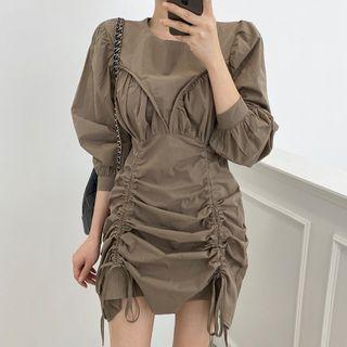 Puff-sleeve Plain Ruched Drawstring Dress