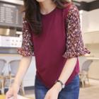 Crew-neck Floral Pattern Sleeve T-shirt